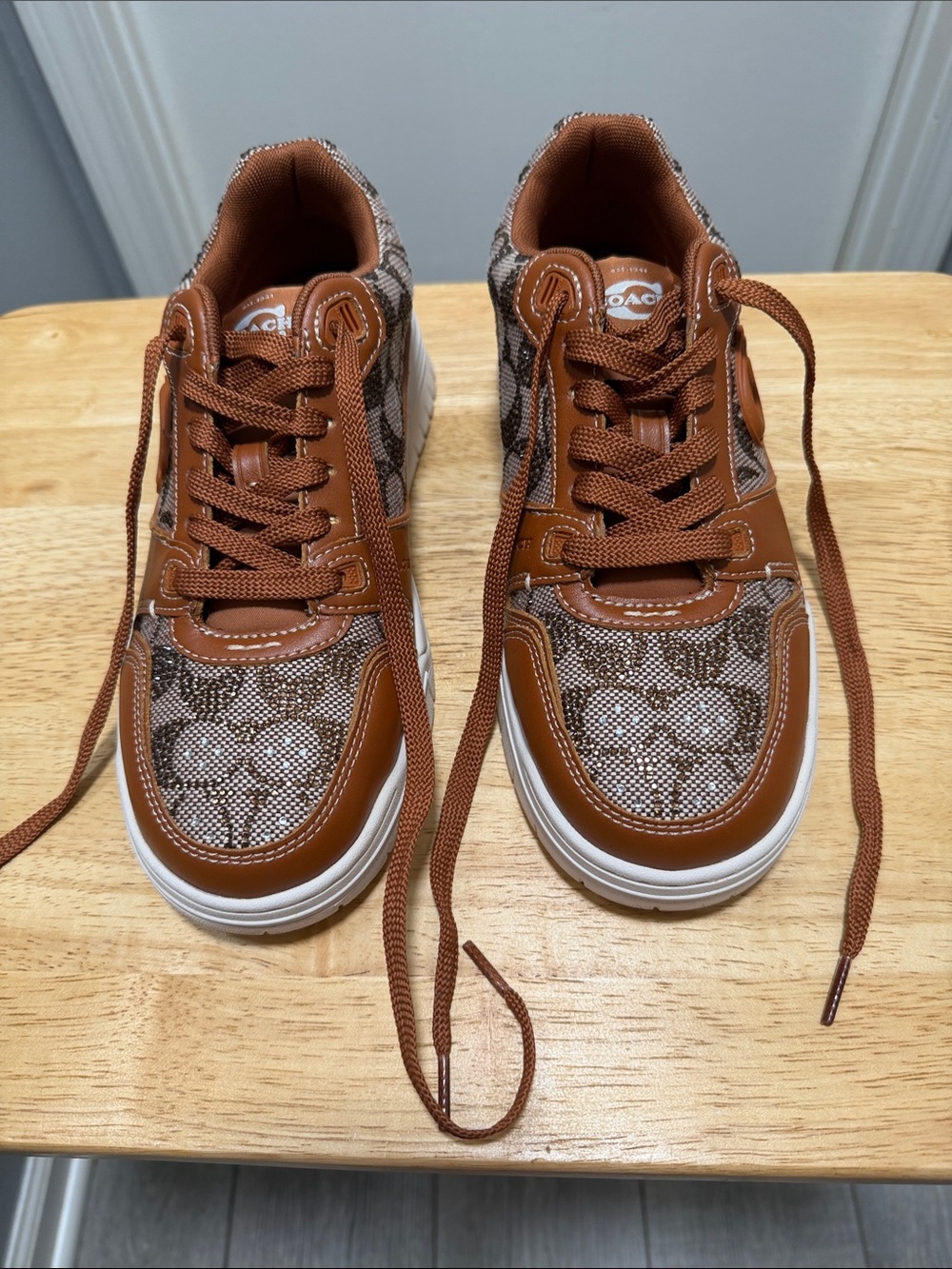 Coach Brown and White Signature Pattern Low-Top Sneakers with crystals